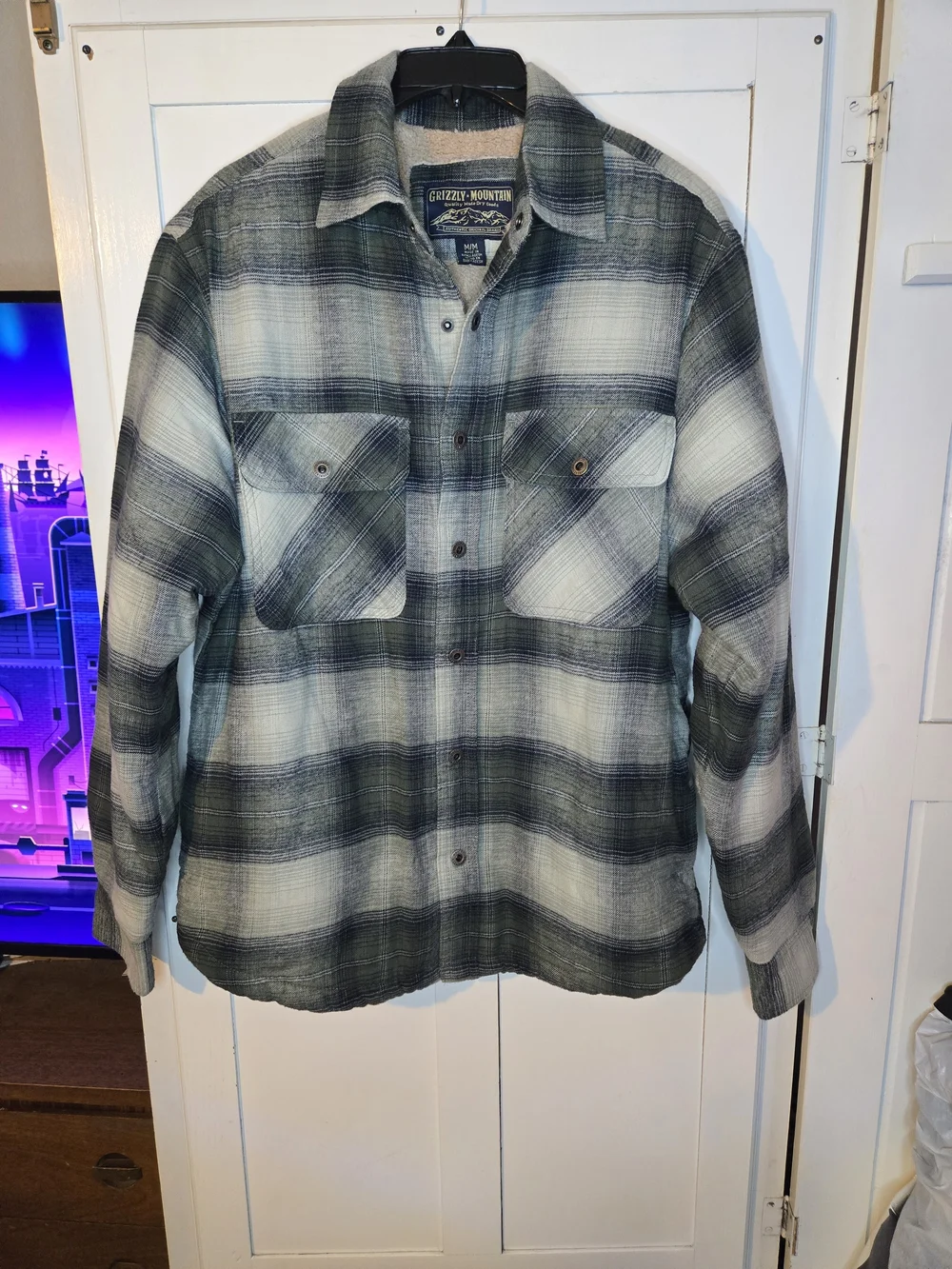 Grizzly Mountain Men M Sherpa Lined Flannel Shirt Jacket Green Plaid Shacket